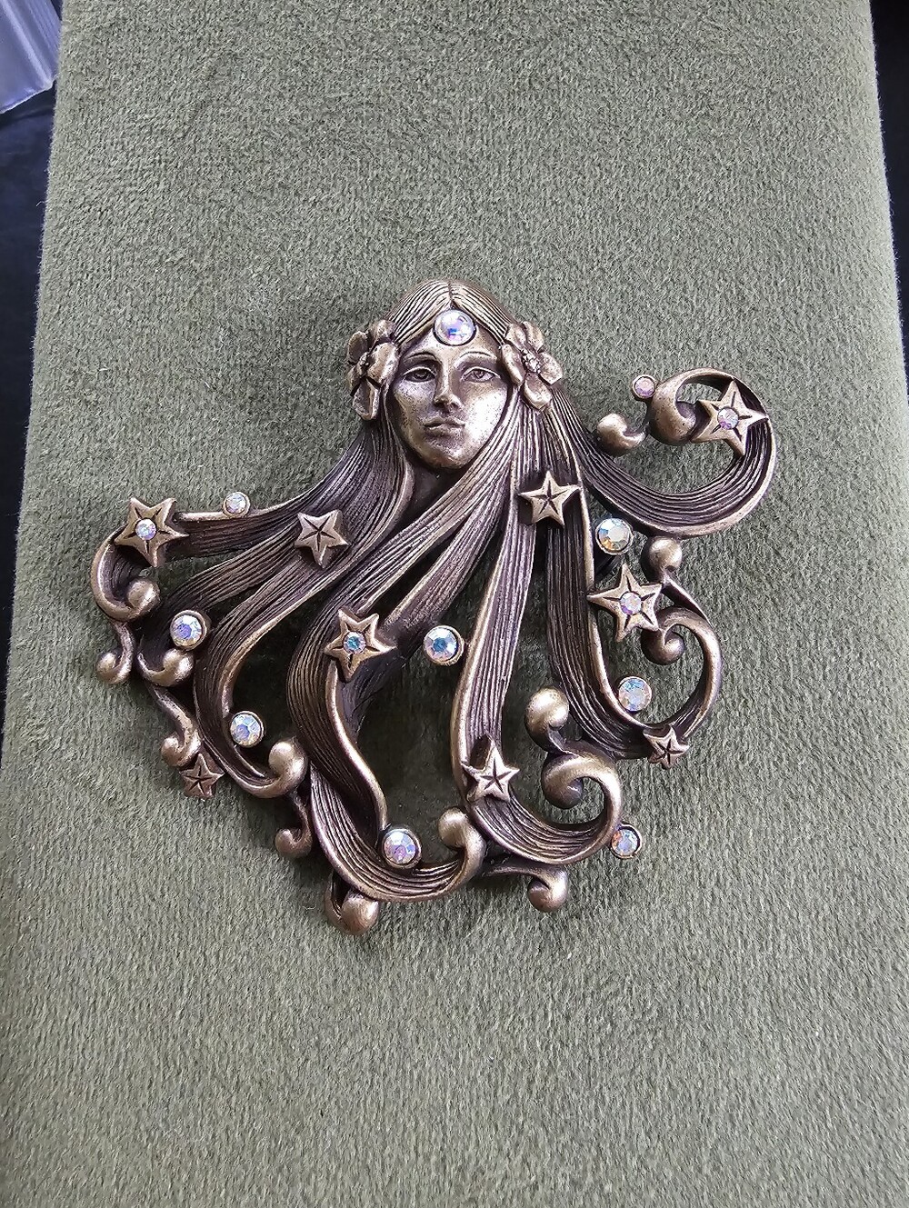 JJ Jonette CELESTIAL WOMAN BROOCH Aurora Borealis Stars w Gemstones ART DECO